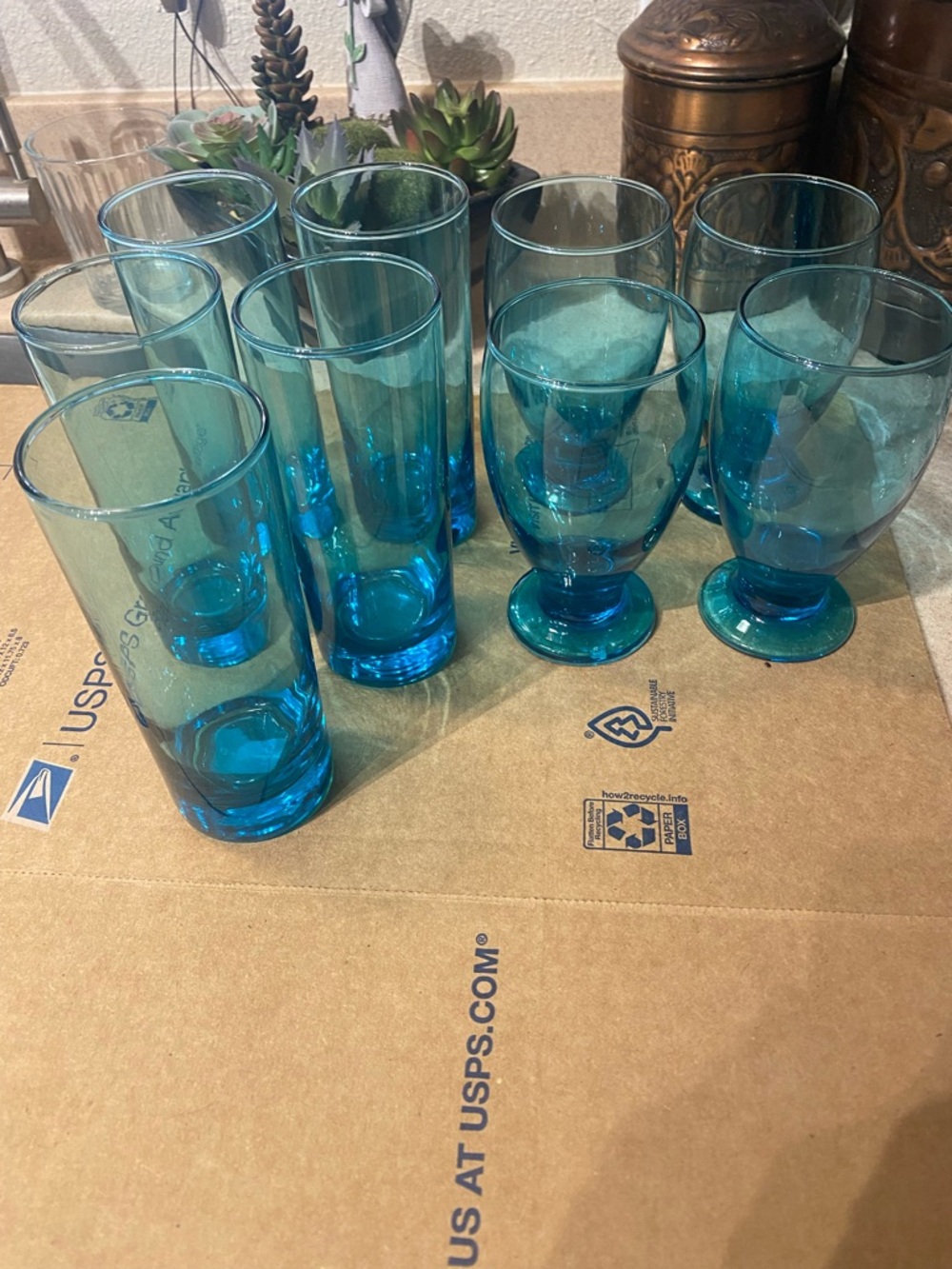 Set of 9 vintage Cristar Lexington turquoise glasses. 4 footed and five Collins